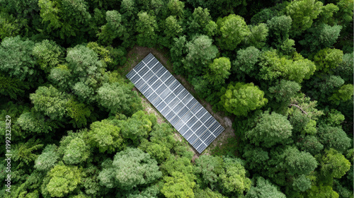 Solar panels array installed amid dense forest canopy