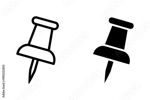 Thumbtack icons, pushpin symbols, black and white vector graphics, office supplies