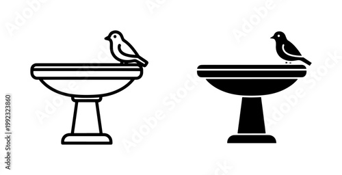 Birds on pedestal bowls, black and white icons, birdbath illustrations, simple vector graphics