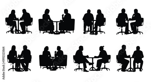 Multiple silhouettes of diverse business people sitting together at small tables while having various professional corporate meetings