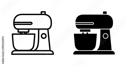Stand mixer icons, kitchen appliances, baking equipment, black and white line art