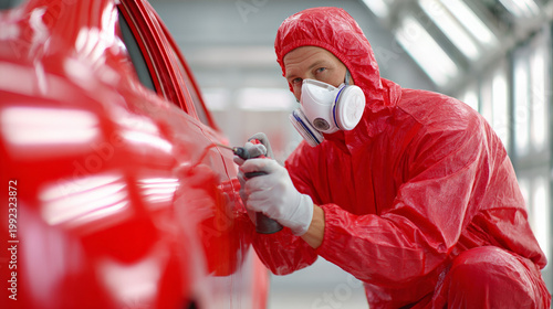 Worker painting car in protective suit inside spray booth