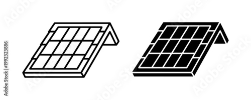Solar panel icons, black and white photovoltaic symbols, renewable energy illustrations, eco friendly graphics