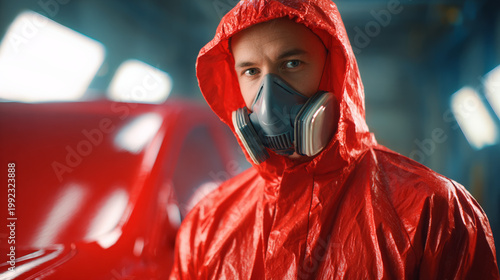 Worker wearing respirator suit inspecting car in spray booth