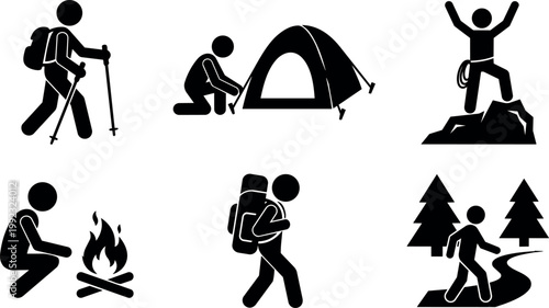 Black and white hiking and camping activity icons set with tent fire and climbing