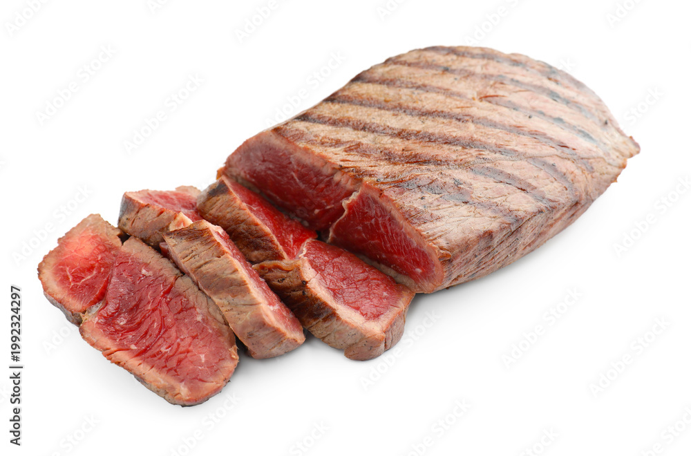 Fototapeta premium Pieces of tasty beef steak isolated on white