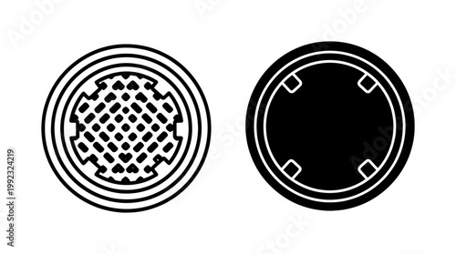 Industrial manhole covers, metal grates, black icons, vector illustrations, infrastructure symbols