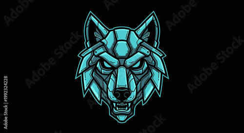 Robotic wolf head with glowing eyes.