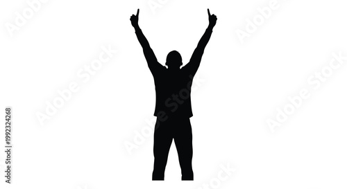 A full body view of a person raising both arms in a victorious pose against a plain white background silhouette