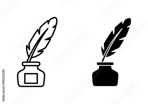 Quill pen icons, inkwell illustrations, writing tools, black and white vector graphics