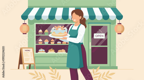 Happy female baker holding a decorated cake in front of a patisserie