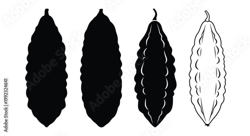 Four bitter melon shapes displayed as a striking black silhouette
