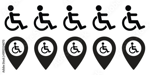 Disabled wheelchair icon set in location symbols featuring simple glyph style, accessibility markers, mobility impairment indicators