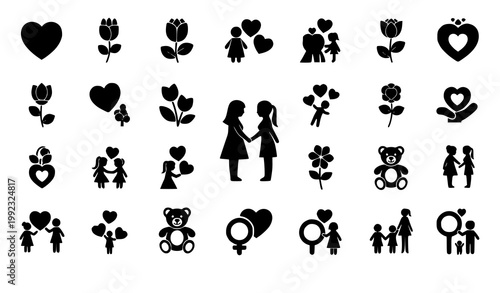 Love family icon set mother child heart teddy bear silhouette vector isolated on white background