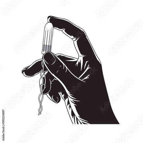 A close-up silhouette of a hand pinching a tampon between its fingers, with the string visible.