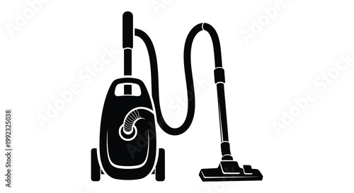 A stark black silhouette depicts a classic upright vacuum cleaner with a long curved hose and cleaning head silhouette