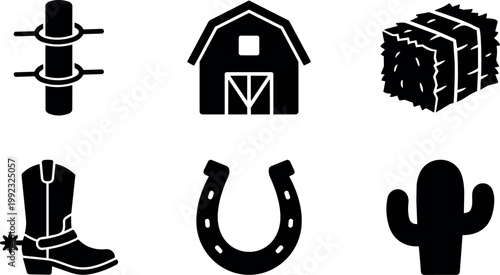 Black and white barn cowboy boot horseshoe cactus fence post hay bale icons