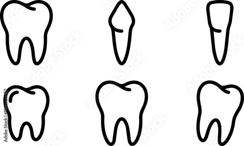 Black and white tooth anatomy icons with different perspectives and details
