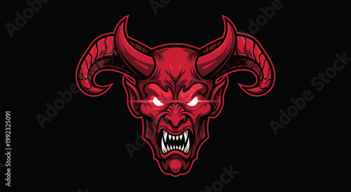 Red devil face with horns and sharp teeth.