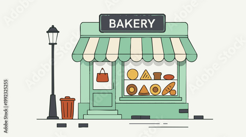 Flat design illustration of a charming bakery shop with an awning and display