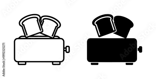 Toaster icon set with bread slices in outline and solid style