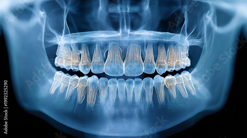 Panoramic dental x ray showing full adult teeth