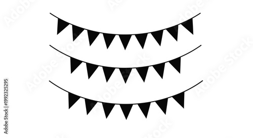 Decorative black pennant flags hanging on strings for festive party celebrations and birthday event graphic design displays