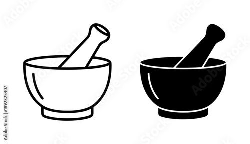 Mortar and pestle icon set for pharmacy or kitchen design