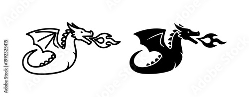 Fire Breathing Dragon Silhouette and Line Art Vector Set