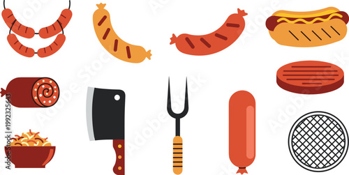 Grilled Sausage and BBQ Meat Vector Icon Set Featuring Hot Dog, Bratwurst, Salami, Burger Patty, Meat Cleaver, Grill Fork, and Barbecue Grate for Deli Menus