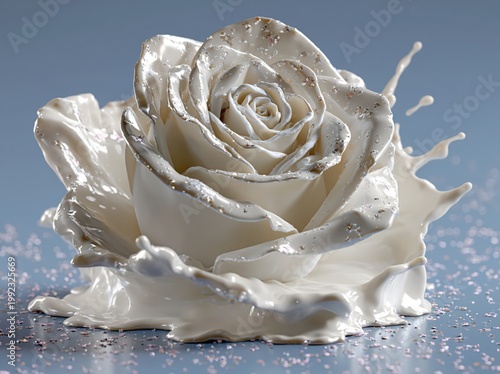 white rose with creamy splash on a soft background, showing elegant floral beauty and dramatic liquid motion
