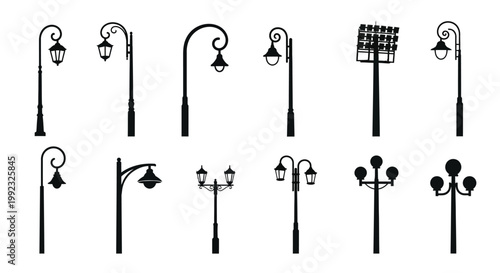 Set of black street lamp silhouettes showing various outdoor light designs for parks and city road lighting