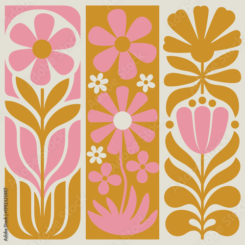 Flower illustration with pink and brown colors in retro style