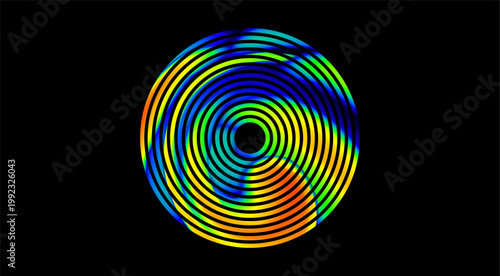 An abstract, vibrant thermographic map featuring concentric circles on a black background.
