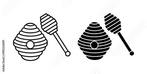 Beehive and Dipper Stick Black Line Icon Set