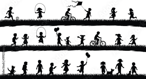 Diverse group of children engaged in various playful activities such as running and cycling