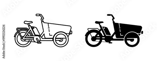 Cargo bike vector icons, electric delivery tricycle line art and silhouette, sustainable urban transport logistics symbols for courier services