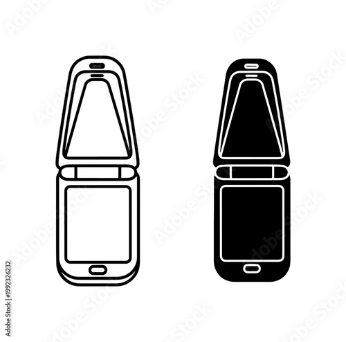 Retro flip phone vector icons, vintage mobile cellular telephone symbols, black and white clamshell phone line art, old school technology set