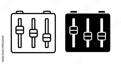 Minimalist audio mixer icons, sound equalizer fader vector set, black and white music adjustment sliders for studio interface design