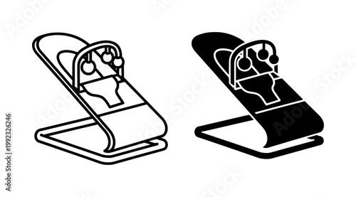 Baby bouncer chair vector icons, infant rocking seat with toy bar, minimalist nursery furniture symbols in line and glyph styles