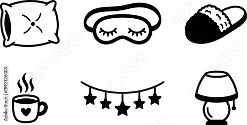 Black and white line art sleep mask pillow hot drink stars lamp icons