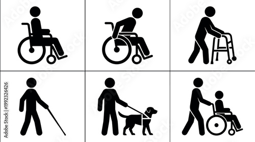 Black silhouette icons of people with disabilities using wheelchair cane guide dog and walker