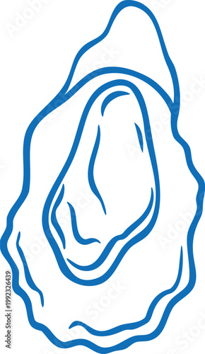 Oyster in shell blue line art, vector mussel clam seafood, ocean animal for cooking, Mediterranean dish sea menu
