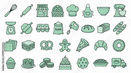 Bakery and Baking Icons. Kitchen Tools, Ingredients, and Sweet Treats.