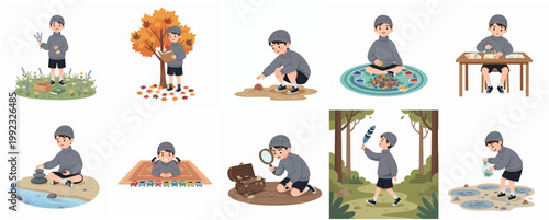 Cute boy cartoon character set exploring nature and engaging in various indoor and outdoor hobbies and collection activities