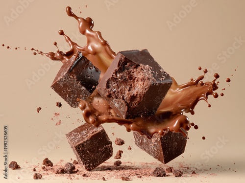 chocolate cubes splashing in creamy liquid with rich cocoa texture, dynamic motion, and a delicious dessert concept