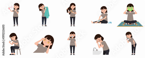 Vector illustration set of a young woman's daily morning and beauty routine, including skincare, hygiene, and self-care activities.