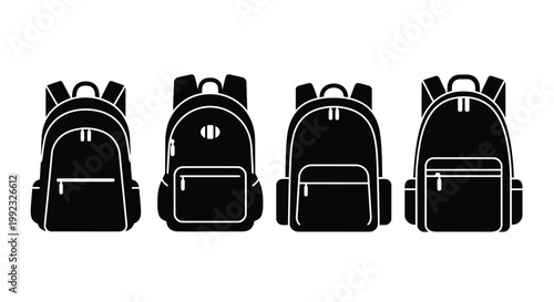 Four black backpacks displayed in a minimalist graphic silhouette