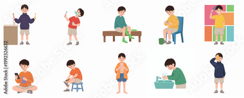 Little boy daily hygiene and self-care routine illustration set, including brushing teeth, washing hands, and grooming activities.