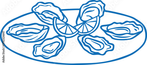Oyster in shell with lemon slices on the plate vector blue line art, seafood mussel clam dish, Mediterranean sea menu